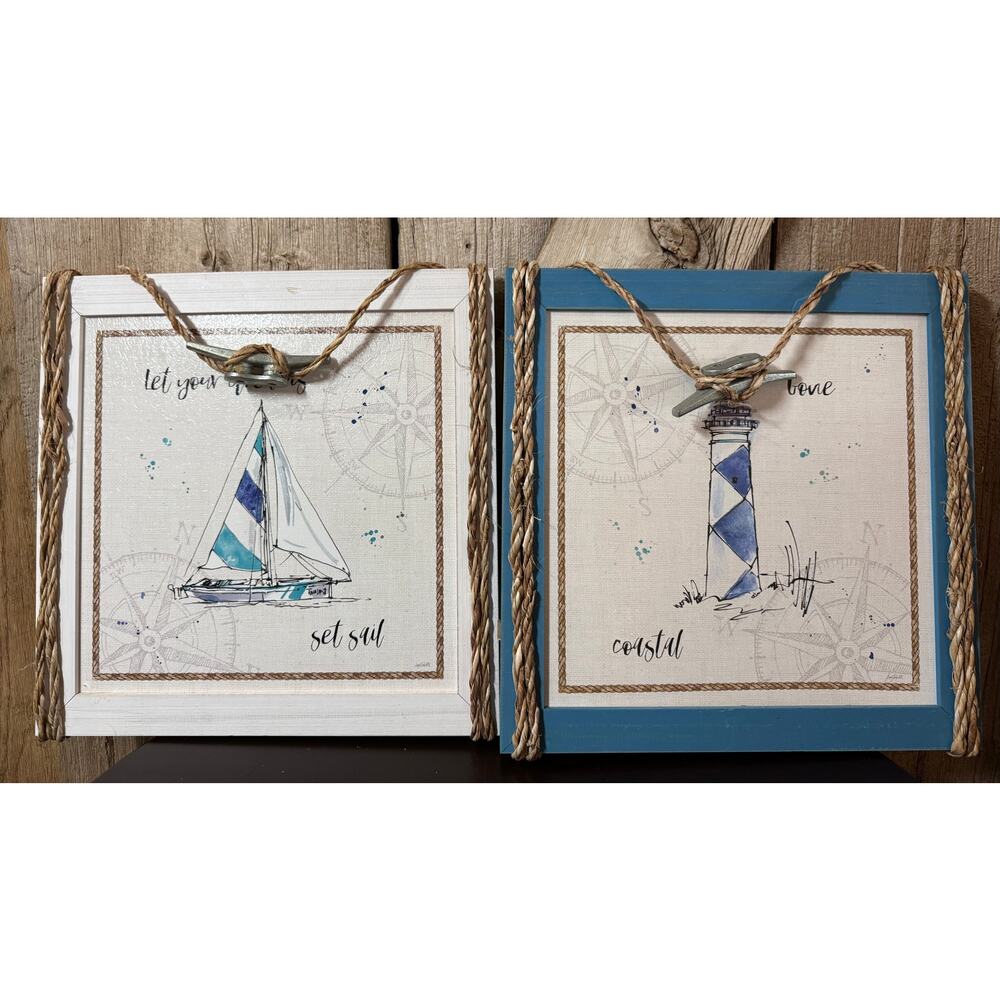 Set Of 2 Hobby Lobby Coastal Wood Wall Art W/ Nautical Rope Accent Boat Handles
